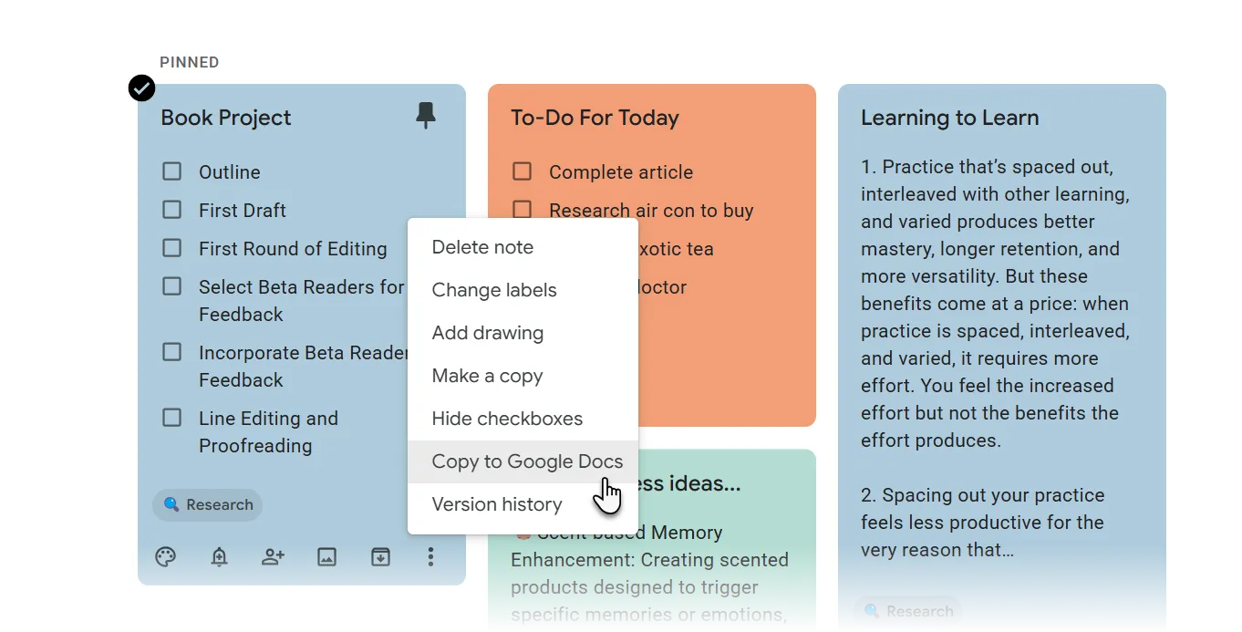 Màn hình Google Docs hiển thị thanh bên tích hợp Google Keep, cho phép kéo thả hoặc sao chép ghi chú Keep vào tài liệu Docs một cách dễ dàng