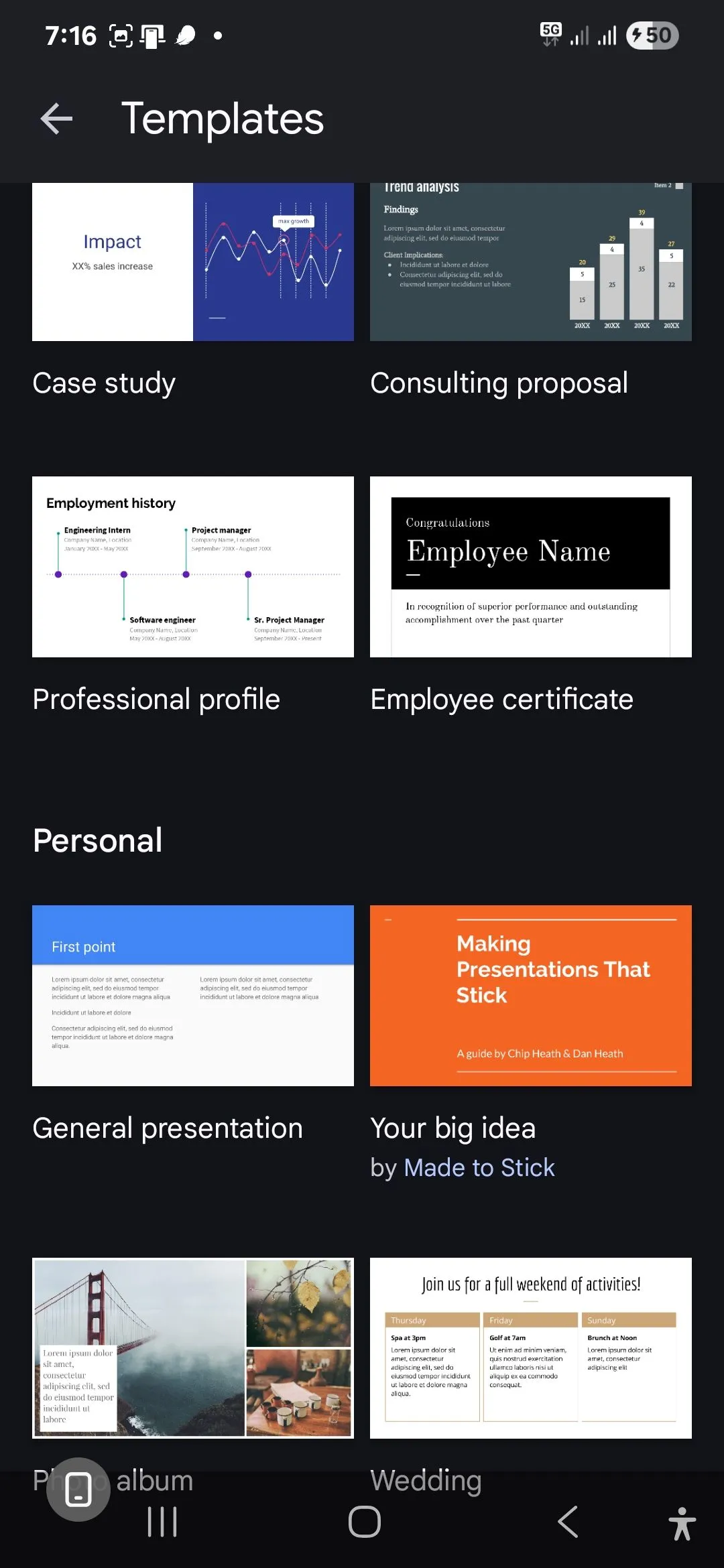 Màn hình hiển thị các mẫu thuyết trình của Google Slides trên thiết bị di động với số lượng mẫu hạn chế nhưng tiện lợi.