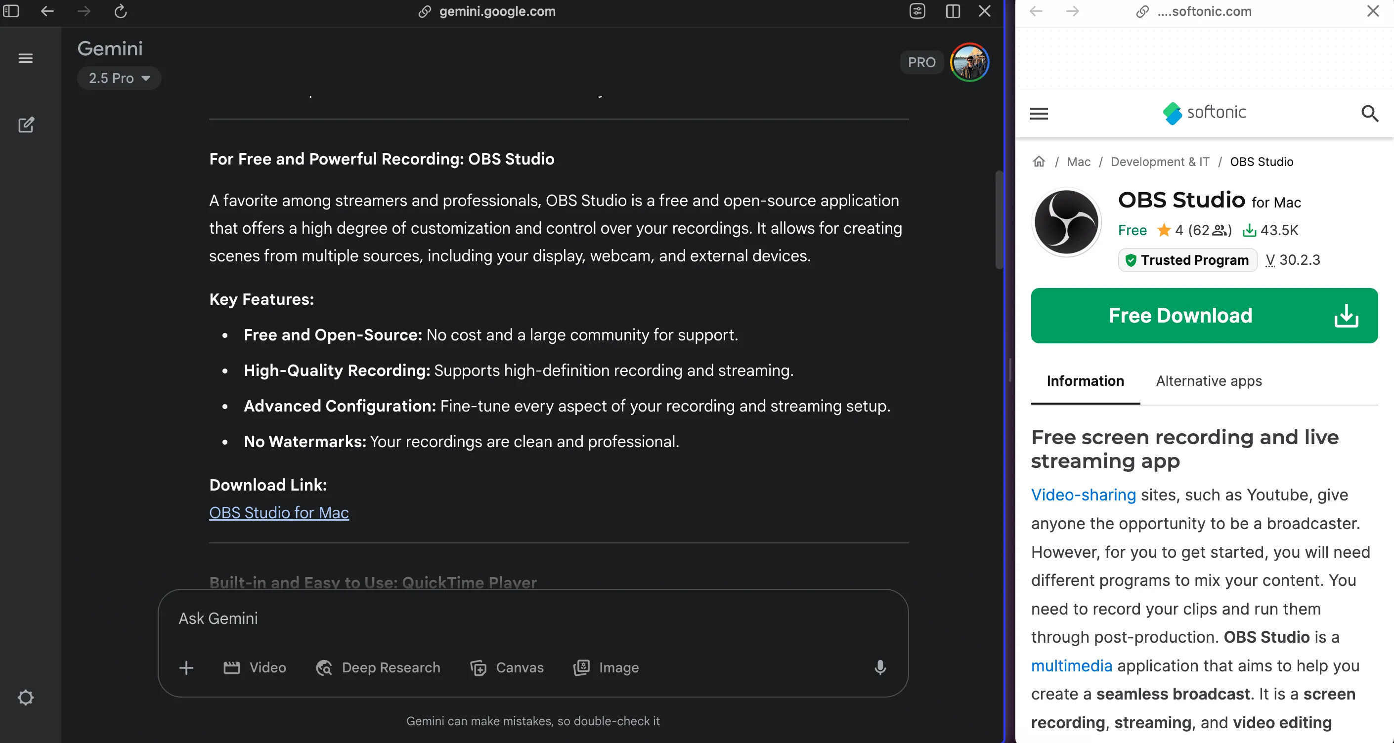 Màn hình hiển thị chatbot Gemini đề xuất OBS Studio với liên kết tải từ Softonic, một trang web phát tán phần mềm độc hại.