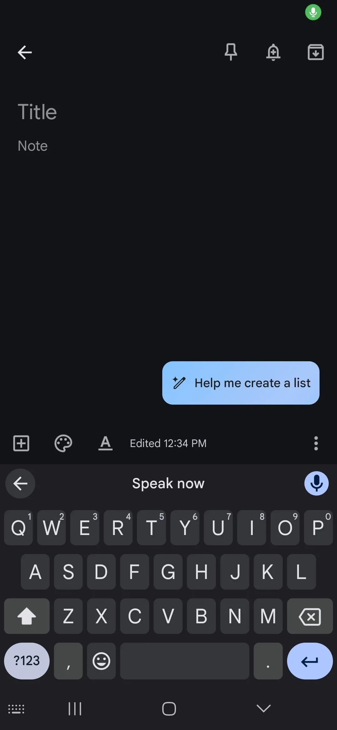 Màn hình hiển thị &quot;Speak now&quot; khi sử dụng tính năng Gõ bằng giọng nói trên Android.