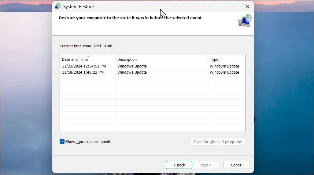 Màn hình hộp thoại System Restore trong Windows 11 hiển thị các điểm khôi phục hệ thống khả dụng để người dùng lựa chọn.