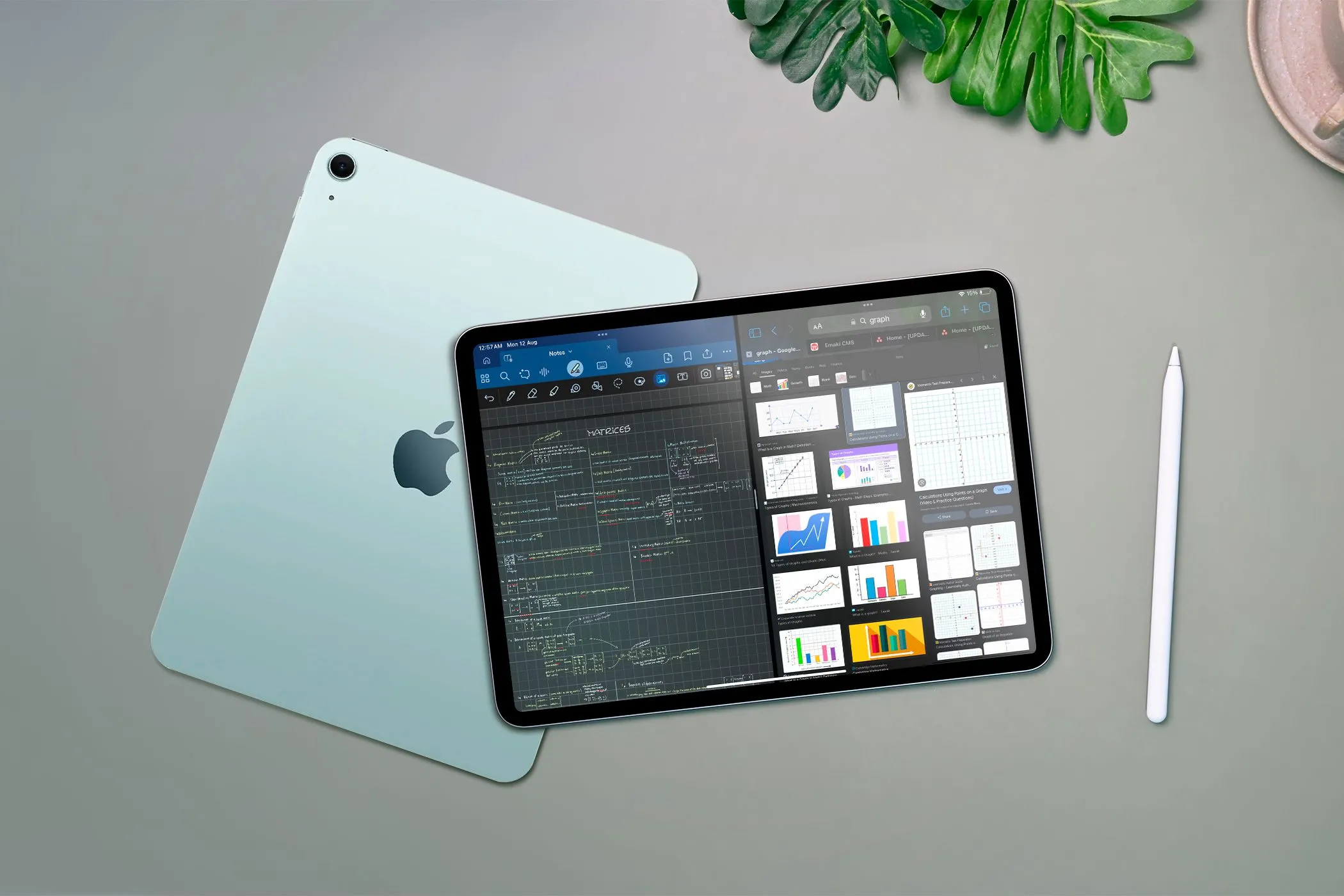 Màn hình iPad với hai ứng dụng chia đôi, mô tả tính năng đa nhiệm nhưng vẫn còn những hạn chế so với trải nghiệm trên laptop.
