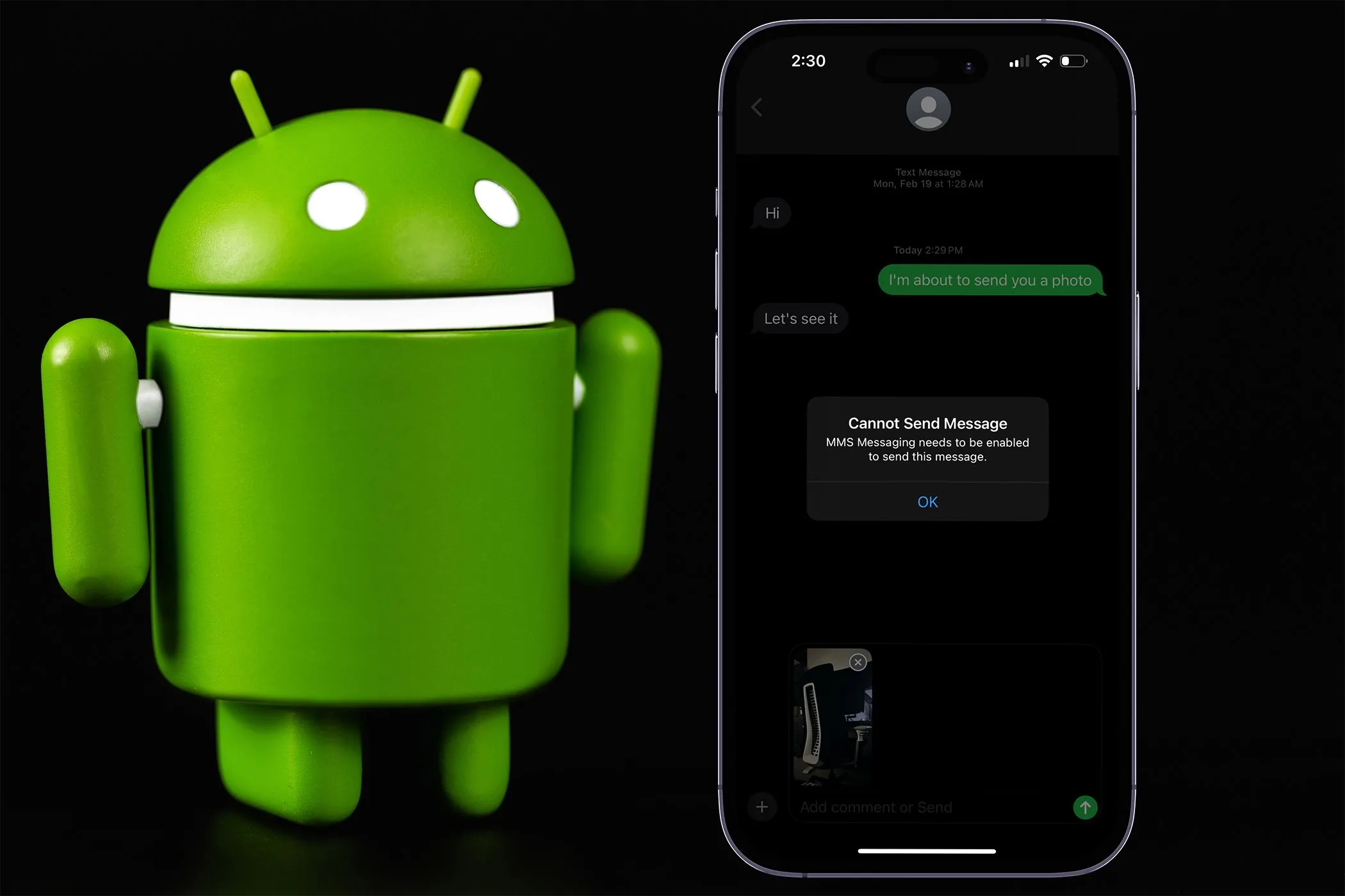 Màn hình iPhone hiển thị lỗi 'Không thể gửi tin nhắn' trong ứng dụng Tin nhắn, bên cạnh biểu tượng Android, minh họa khó khăn khi chuyển đổi hệ điều hành.