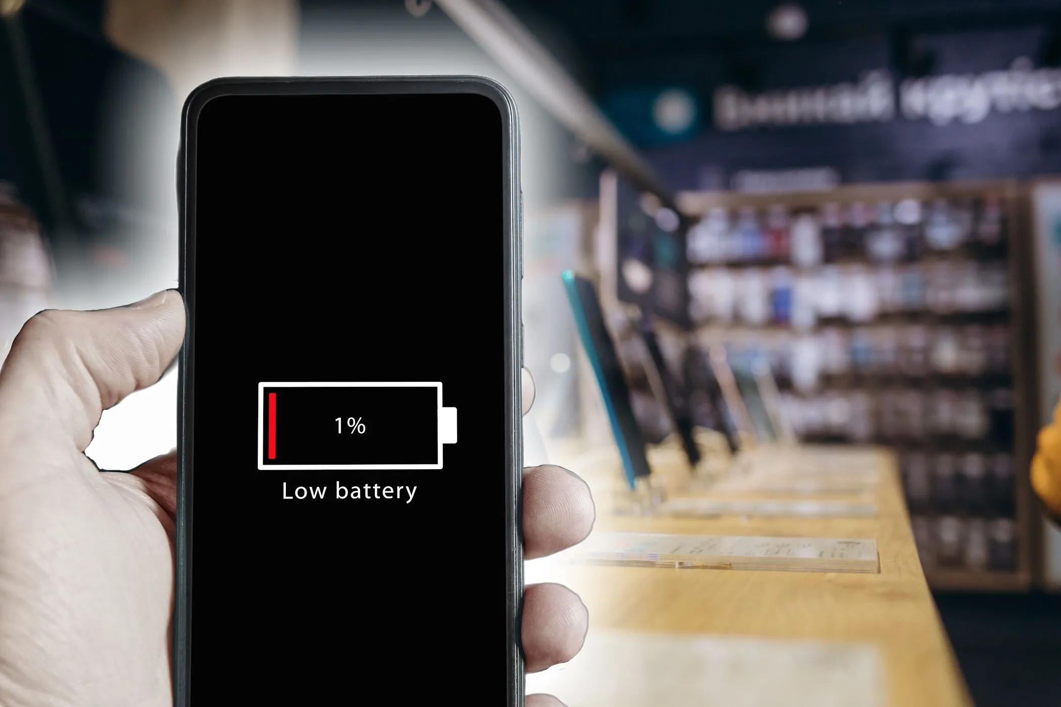 Màn hình iPhone hiển thị thông báo pin yếu, biểu thị tình trạng pin sắp cạn hoàn toàn và nguy cơ chai pin