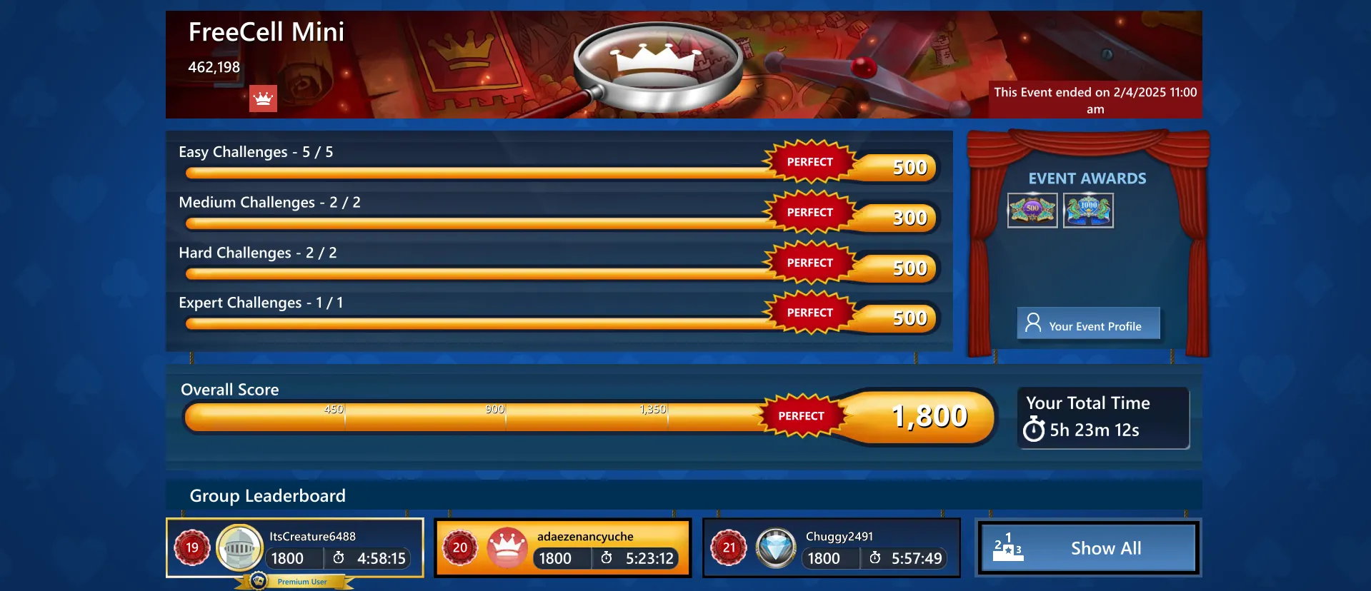 Màn hình kết quả một thử thách hàng ngày của Microsoft Solitaire trên PC, minh chứng có thể hoàn thành xuất sắc mà không cần đăng ký gói premium.