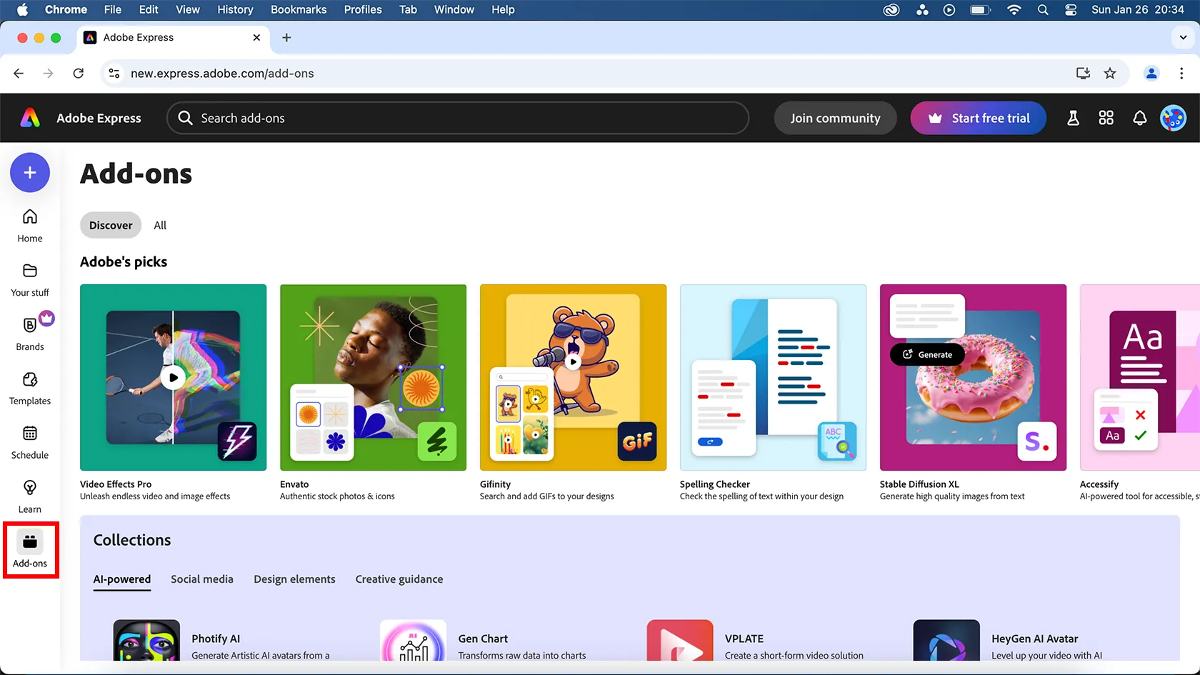Màn hình làm việc của Adobe Express trên trình duyệt web, làm nổi bật vị trí của tính năng Add-Ons