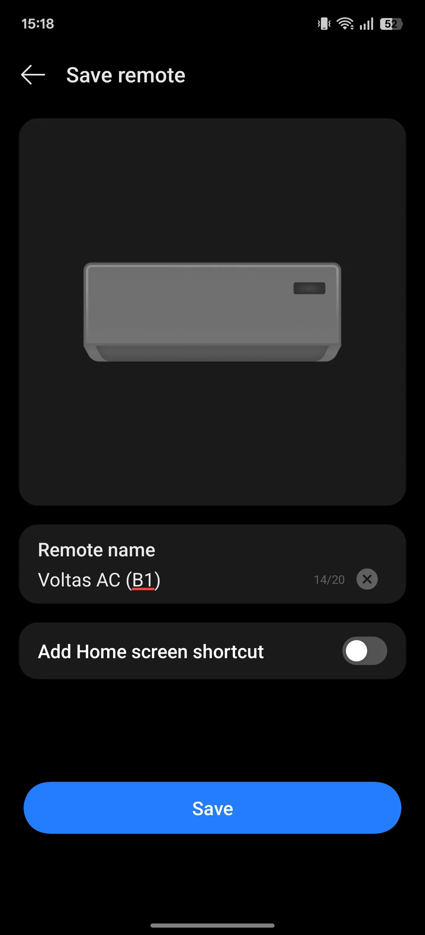 Màn hình lưu điều khiển trong ứng dụng IR Remote, cho phép người dùng đặt tên và thêm lối tắt điều khiển từ xa vào màn hình chính.