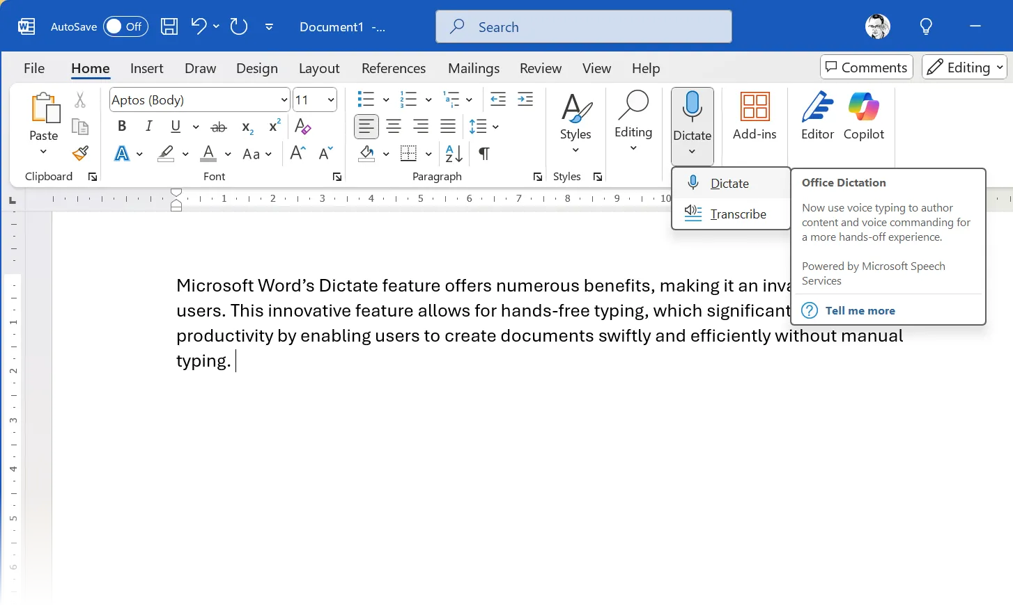 Màn hình Microsoft Word hiển thị tính năng "Đọc chính tả" (Dictate) trên thanh Ribbon, giúp chuyển giọng nói thành văn bản để khắc phục tình trạng bí ý tưởng.