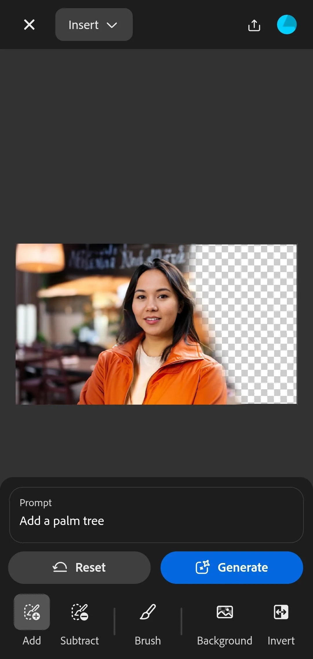 Màn hình nhập liệu lệnh văn bản (prompt) cho tính năng Generative Fill trong ứng dụng Adobe Firefly di động