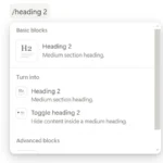 Màn hình Notion hiển thị cách sử dụng lệnh /heading 2 để thêm tiêu đề cấp 2.