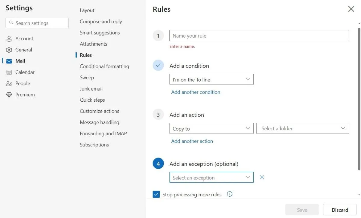 Màn hình quản lý các Quy tắc (Rules) trong cài đặt email Outlook, nơi người dùng có thể thêm hoặc chỉnh sửa bộ lọc