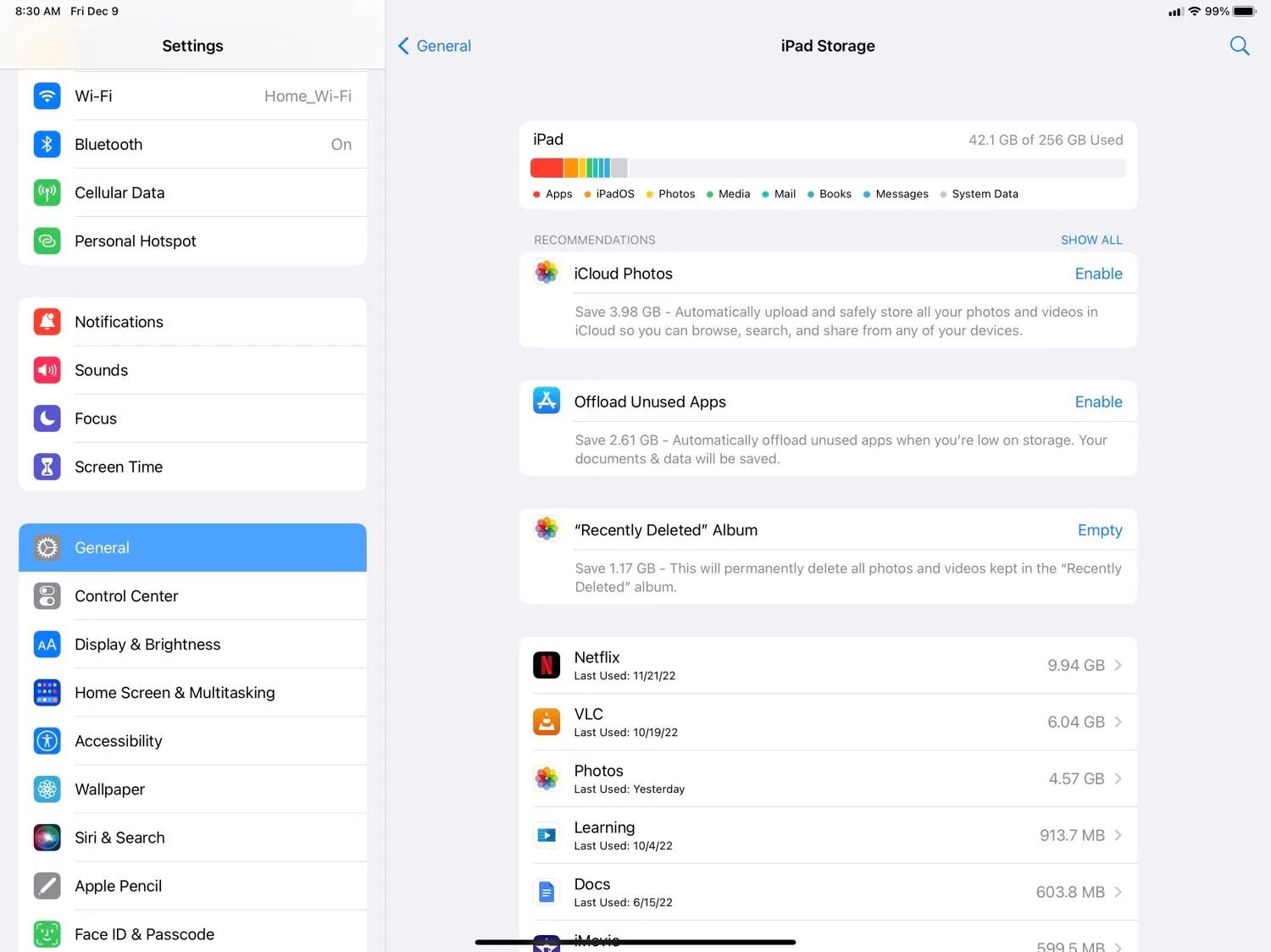 Màn hình quản lý dung lượng lưu trữ trên iPad