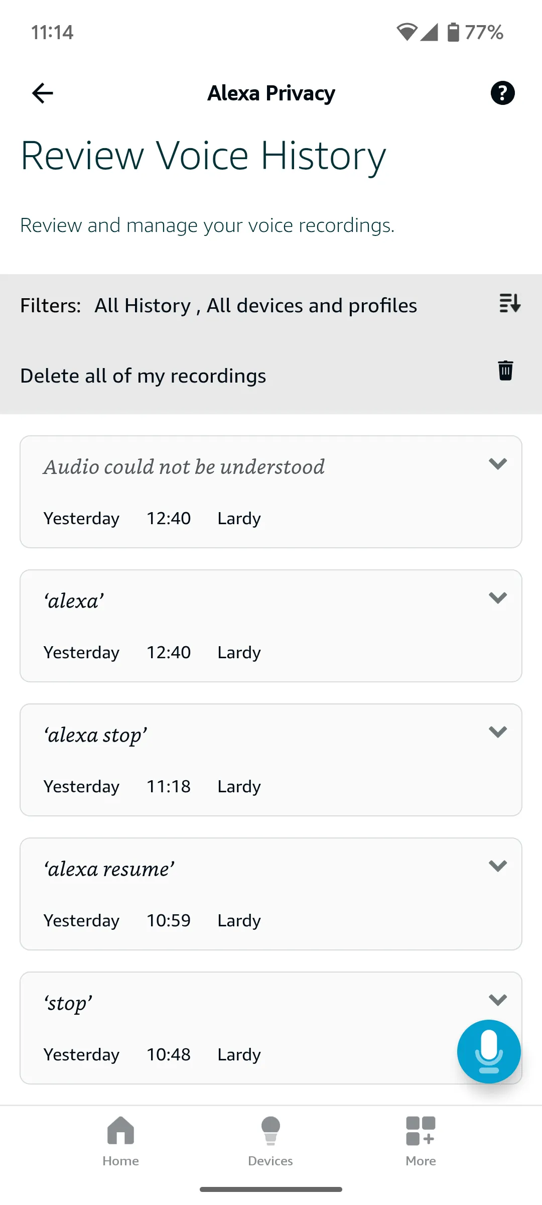 Màn hình quản lý ghi âm giọng nói của bạn trong ứng dụng Alexa, cho phép xem lại và xóa các đoạn ghi âm.