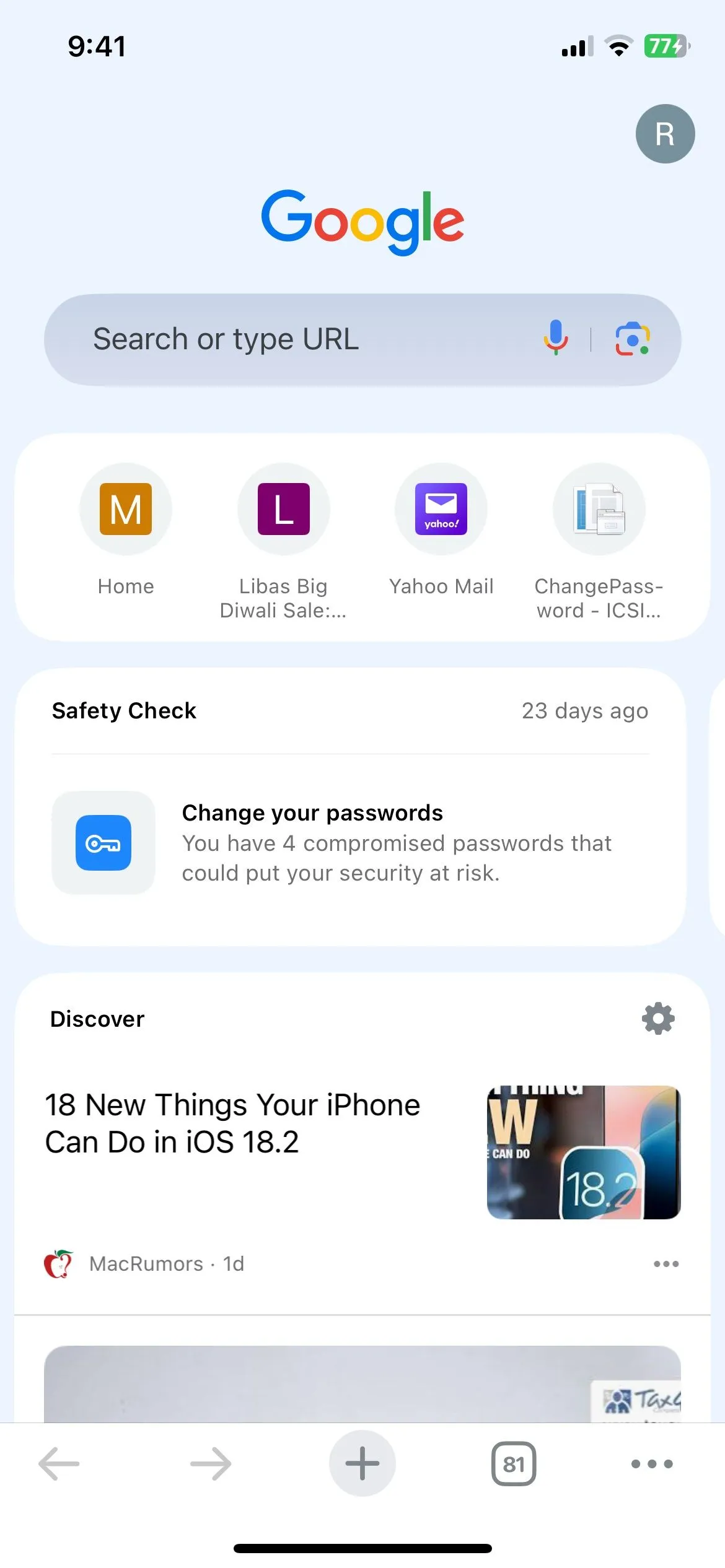 Màn hình tab mới của Chrome trên iPhone