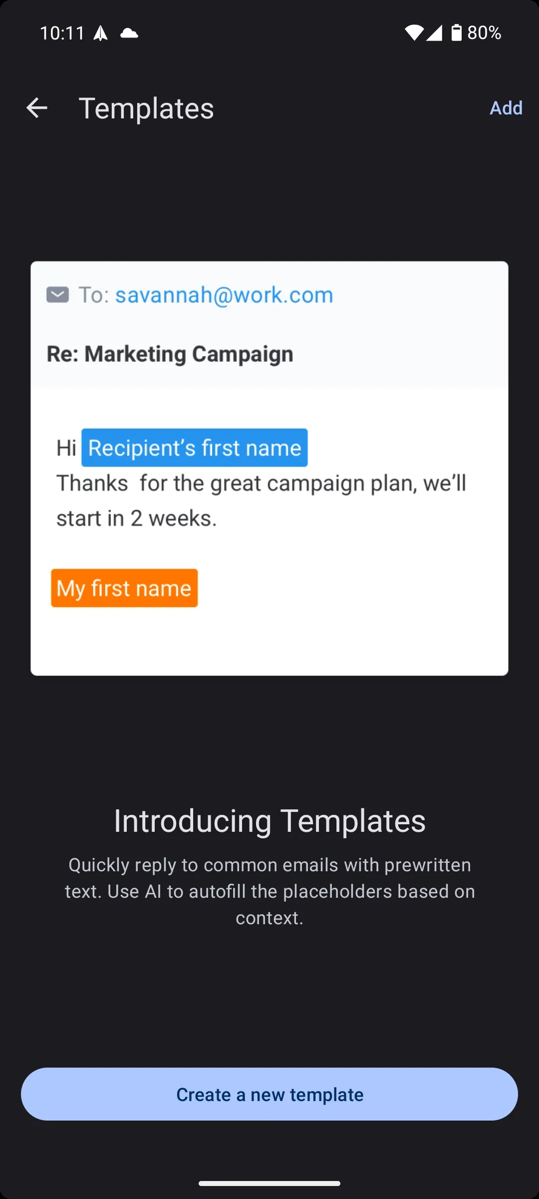 Màn hình tạo mẫu email mới trong ứng dụng Spark Mail trên Android, hỗ trợ soạn thảo nhanh các phản hồi thường xuyên
