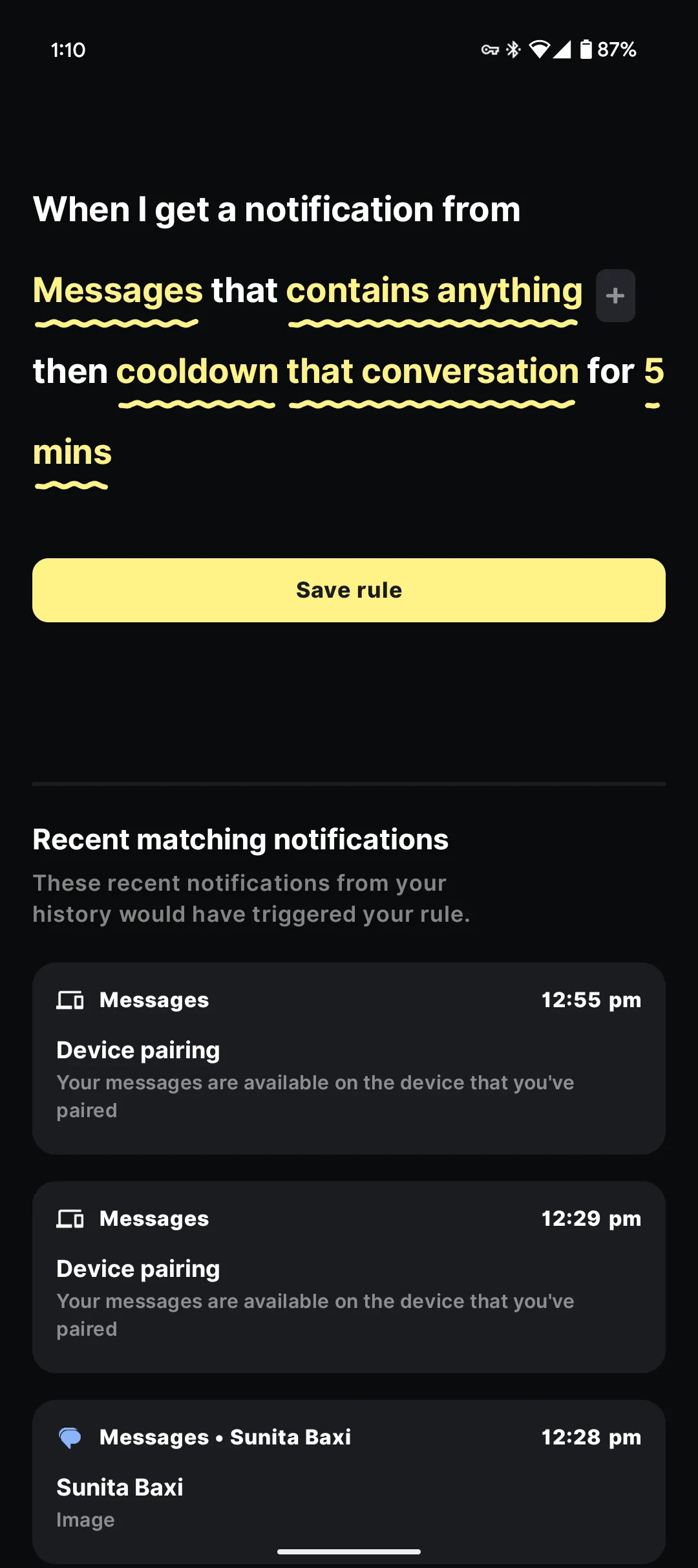 Màn hình tạo quy tắc thông báo mới trong ứng dụng BuzzKill trên Android, minh họa các tùy chọn điều kiện và hành động tùy chỉnh để kiểm soát thông báo hiệu quả.