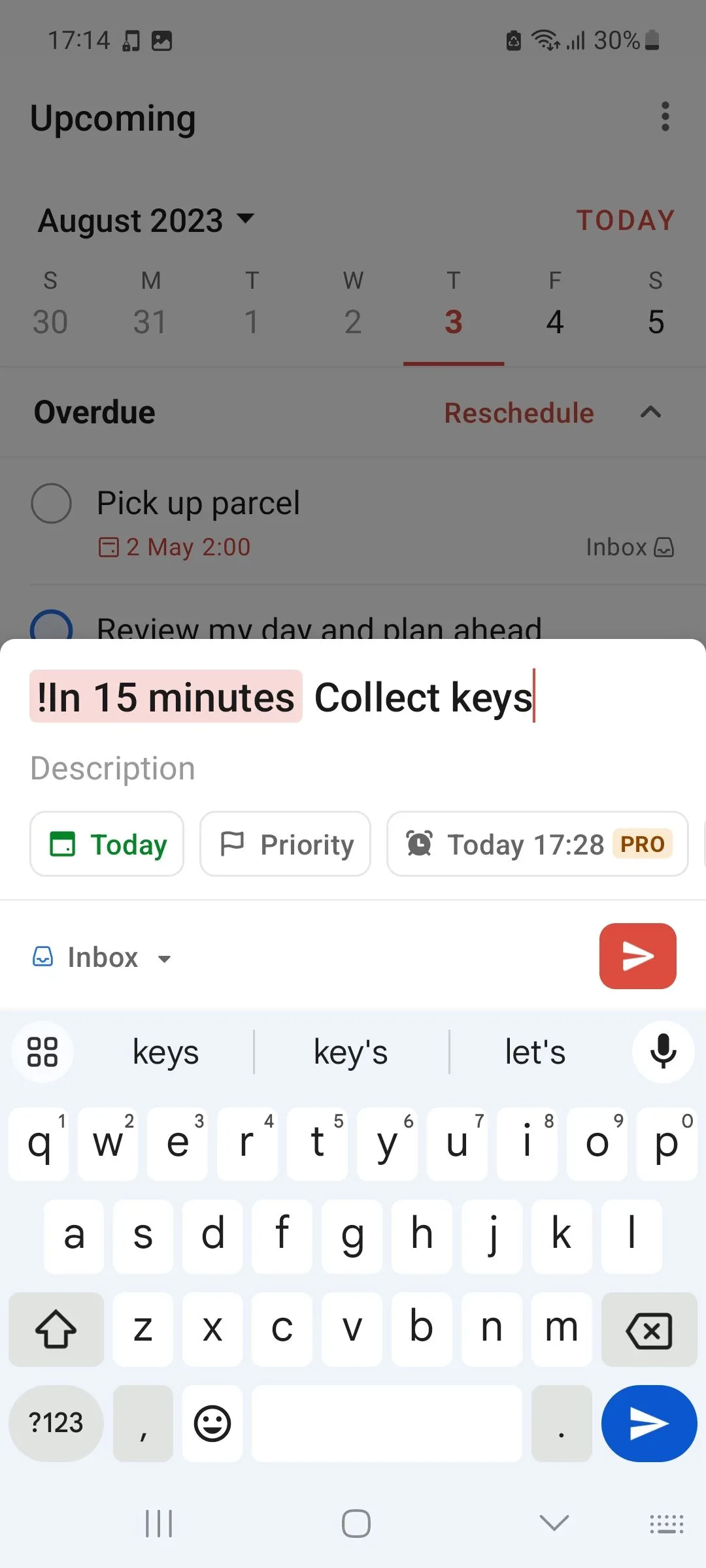 Màn hình thêm một nhiệm vụ ngắn hạn mới trong ứng dụng Todoist, minh họa khả năng quản lý công việc hiệu quả.