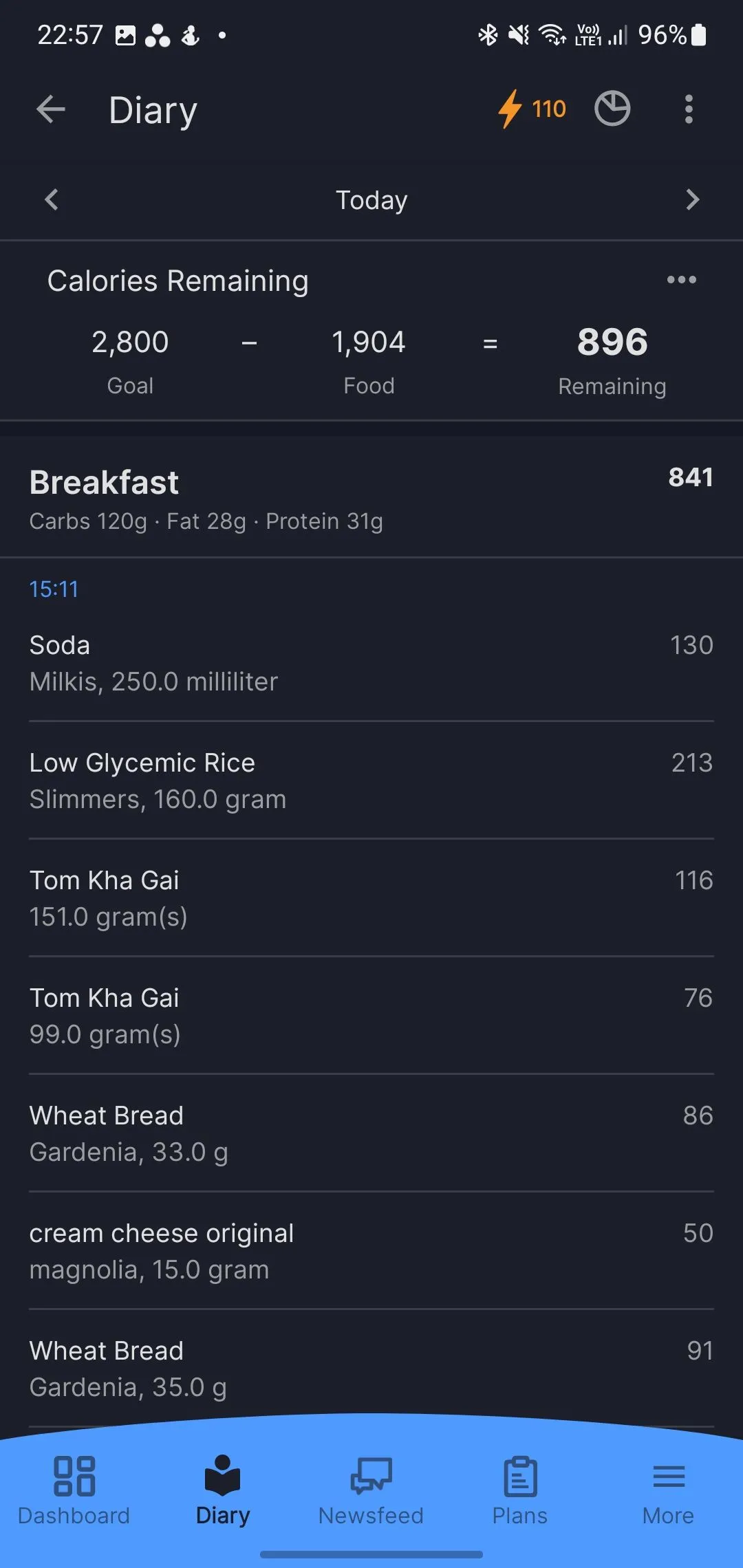 Màn hình theo dõi calo trong MyFitnessPal, cho phép người dùng ghi lại thức ăn và xem chi tiết dinh dưỡng.
