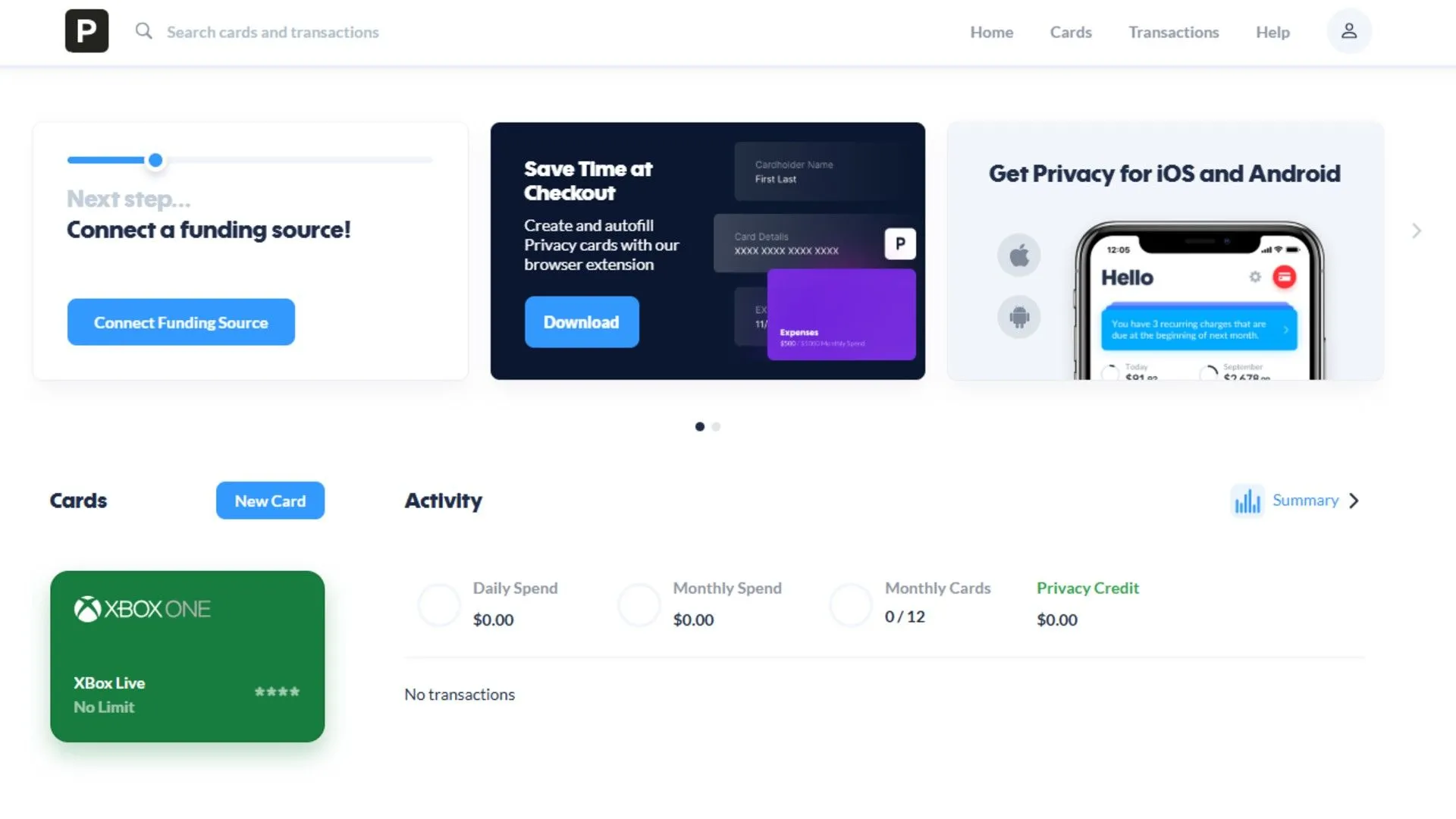Màn hình thiết lập thẻ ảo dùng một lần trên Privacy.com