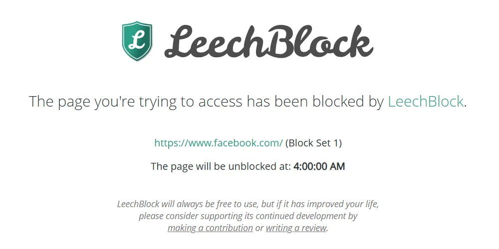 Màn hình thông báo chặn của LeechBlock NG trong Google Chrome khi truy cập trang web bị hạn chế.