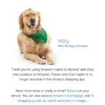 Màn hình thông báo ngừng hoạt động của Amazon Inspire với hình ảnh chú chó Milly đáng yêu