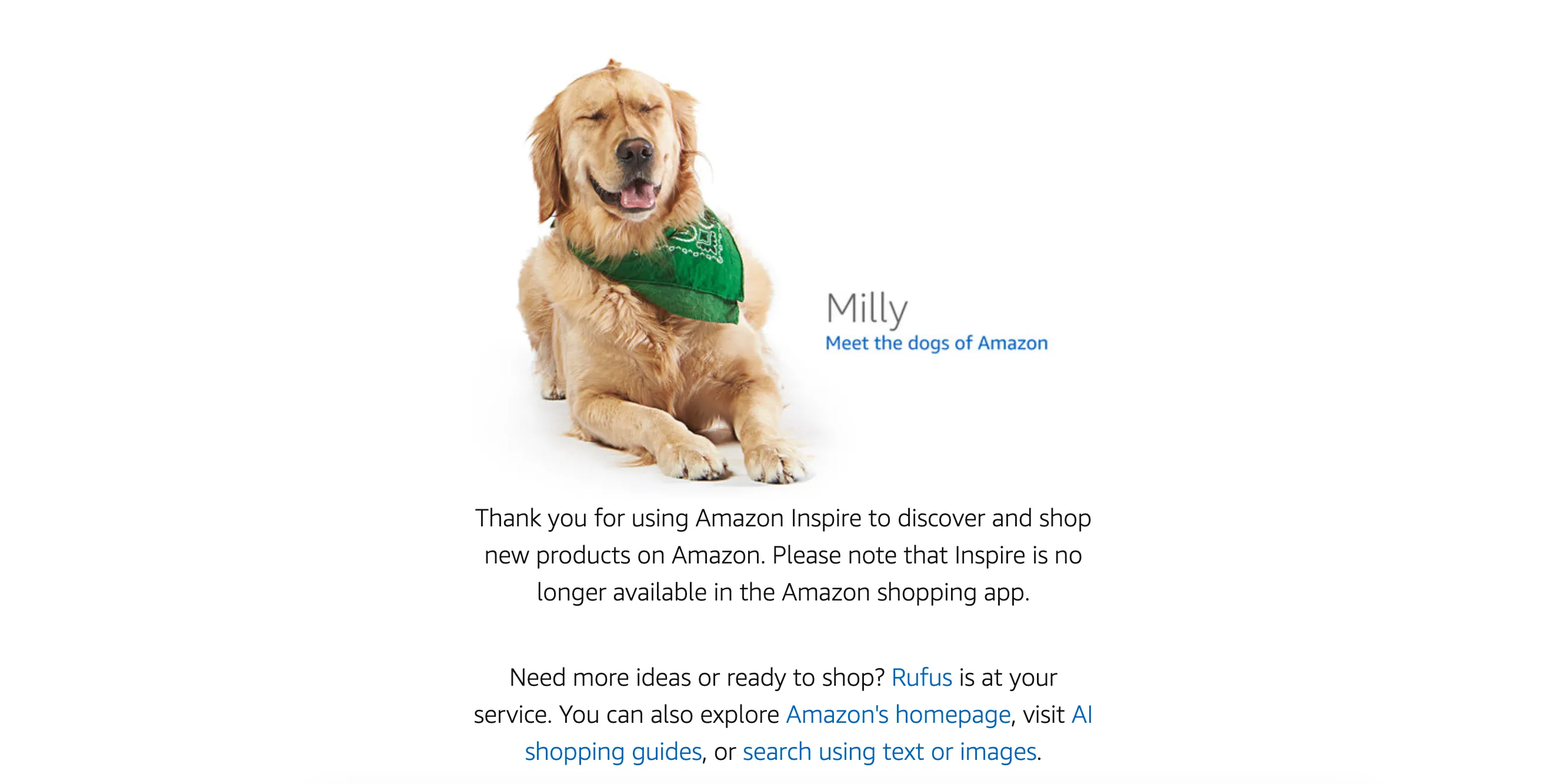 Màn hình thông báo ngừng hoạt động của Amazon Inspire với hình ảnh chú chó Milly đáng yêu