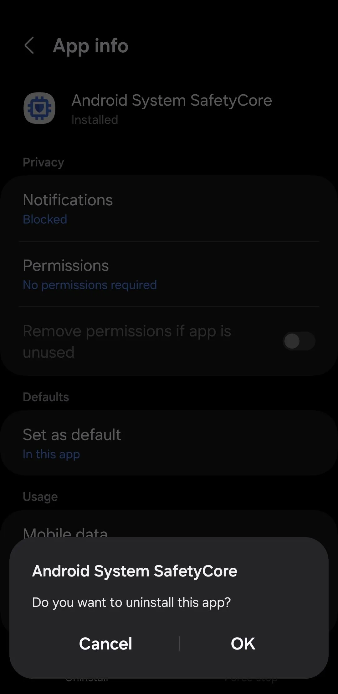 Màn hình thông tin ứng dụng SafetyCore trên Android với tùy chọn gỡ cài đặt