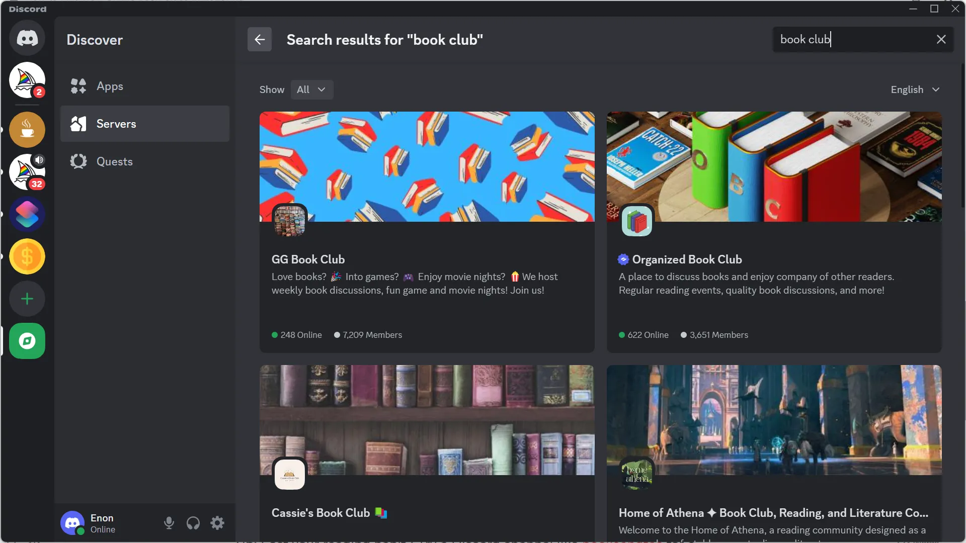 Màn hình tìm kiếm câu lạc bộ sách trực tuyến trên nền tảng Discord