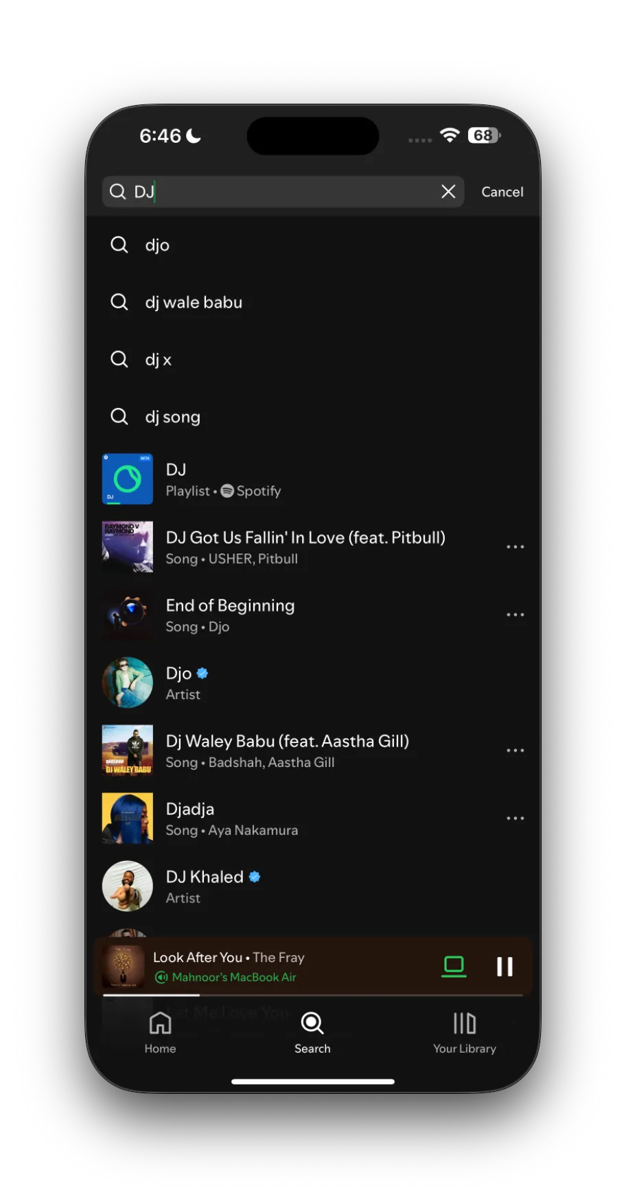 Màn hình tìm kiếm Spotify hiển thị kết quả &quot;DJ&quot; với biểu tượng đặc trưng của tính năng AI