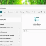 Màn hình tìm kiếm Windows 11 hiển thị kết quả cho 'installed apps' và tùy chọn 'Open'