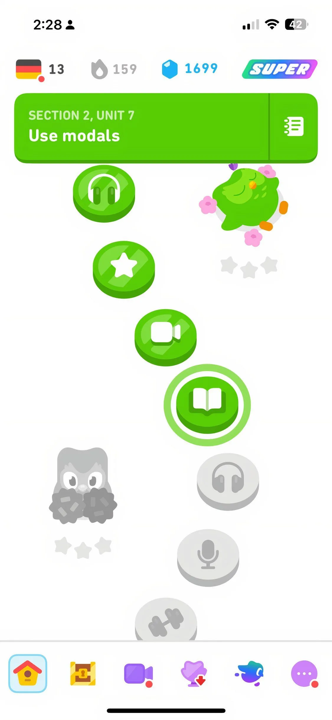 Màn hình trò chơi học ngôn ngữ tương tác trong ứng dụng Duolingo