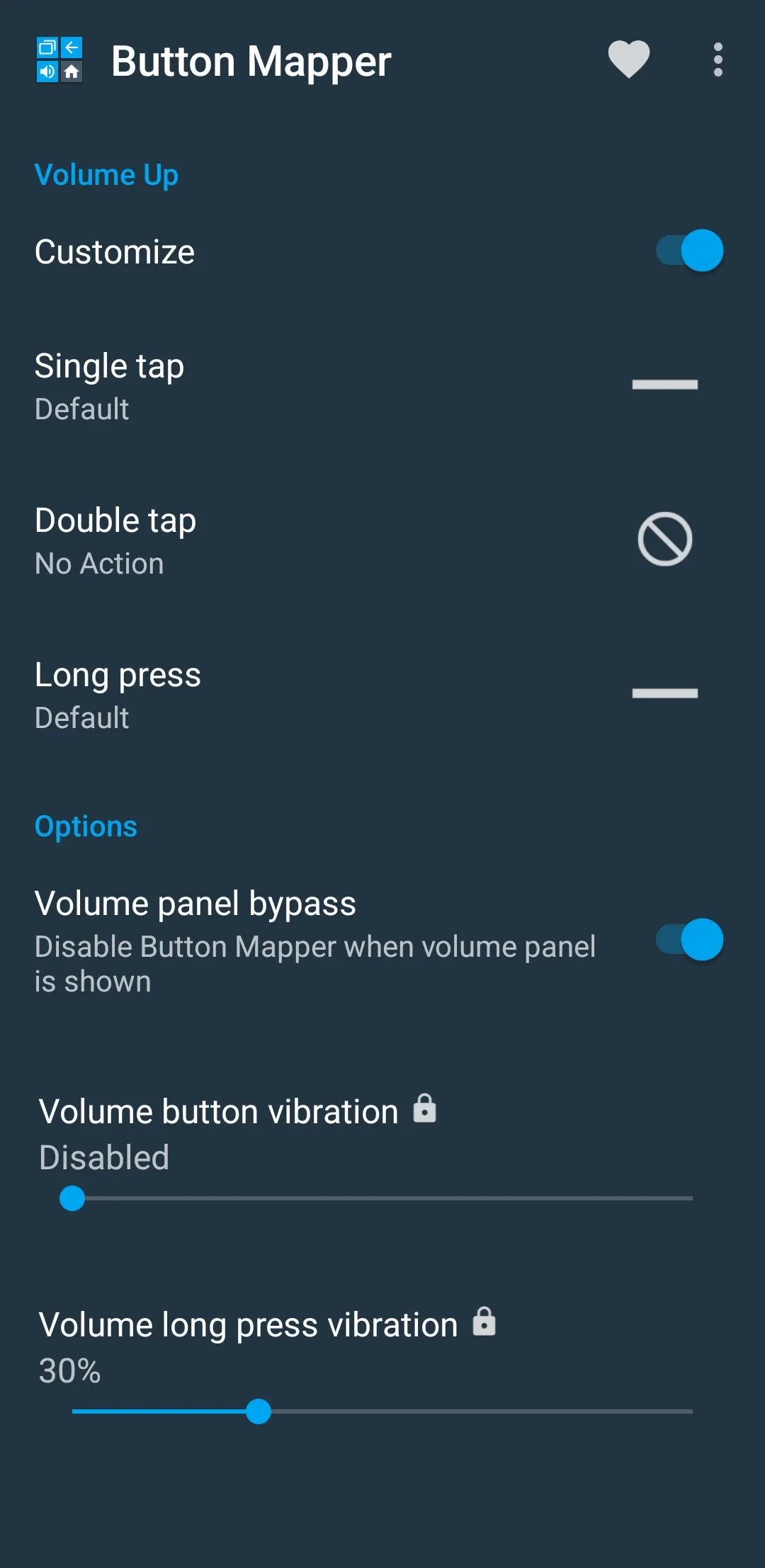 Màn hình tùy chỉnh ứng dụng Button Mapper trên Android, cho phép gán hành động cho các nút vật lý.