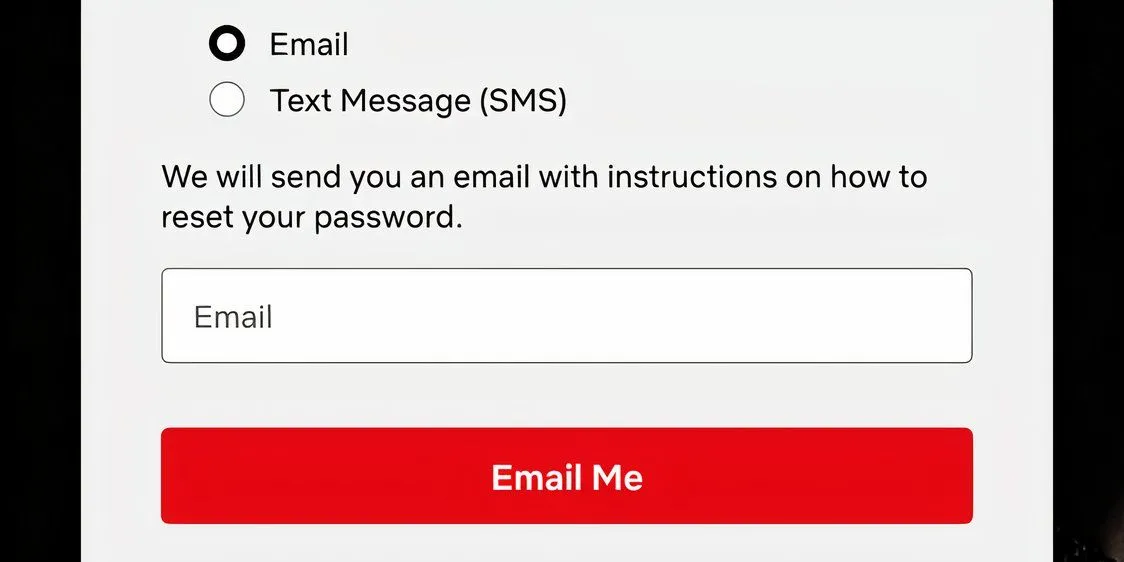 Màn hình tùy chọn &quot;Gửi email cho tôi&quot; để đặt lại mật khẩu Netflix