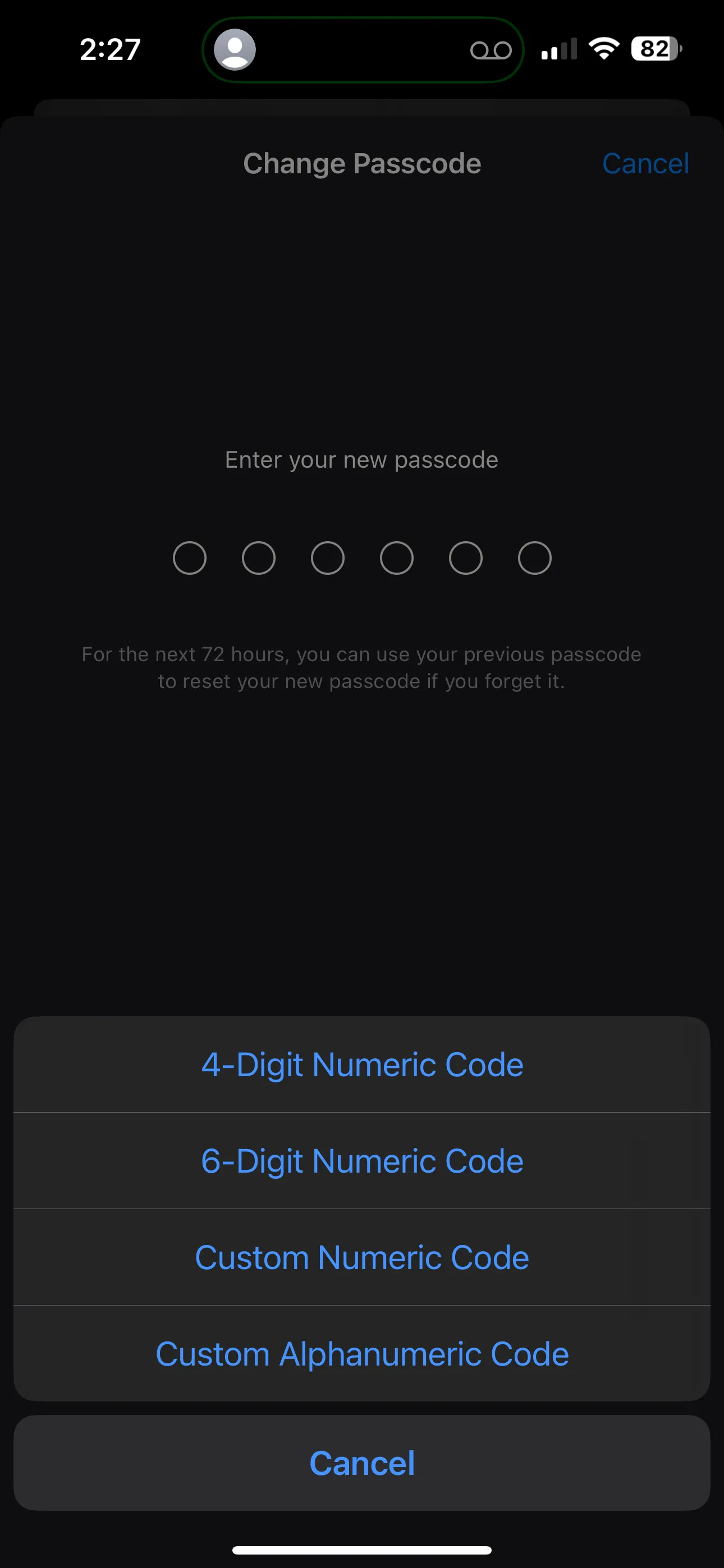 Màn hình tùy chọn mật khẩu iPhone khi người dùng thay đổi mật mã