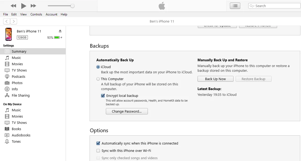 Màn hình tùy chọn sao lưu iPhone vào iTunes