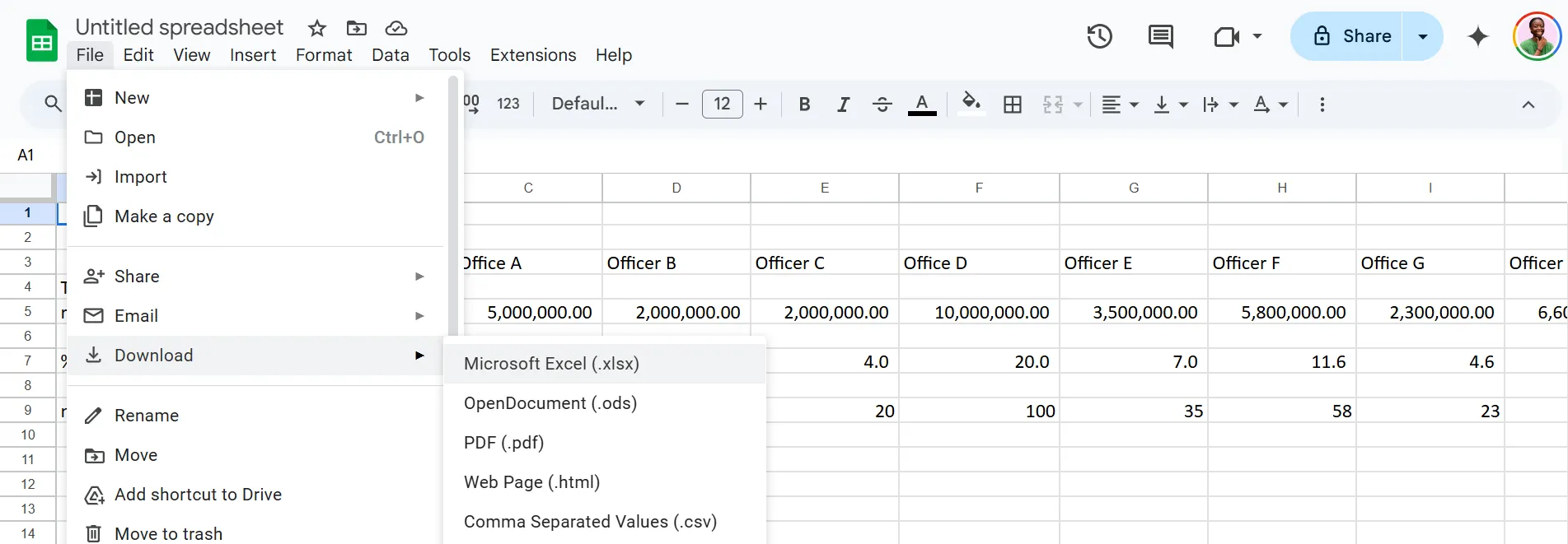 Màn hình tùy chọn tải xuống file trong Google Sheets, minh họa các định dạng tệp có thể xuất như XLSX để tương thích với Excel