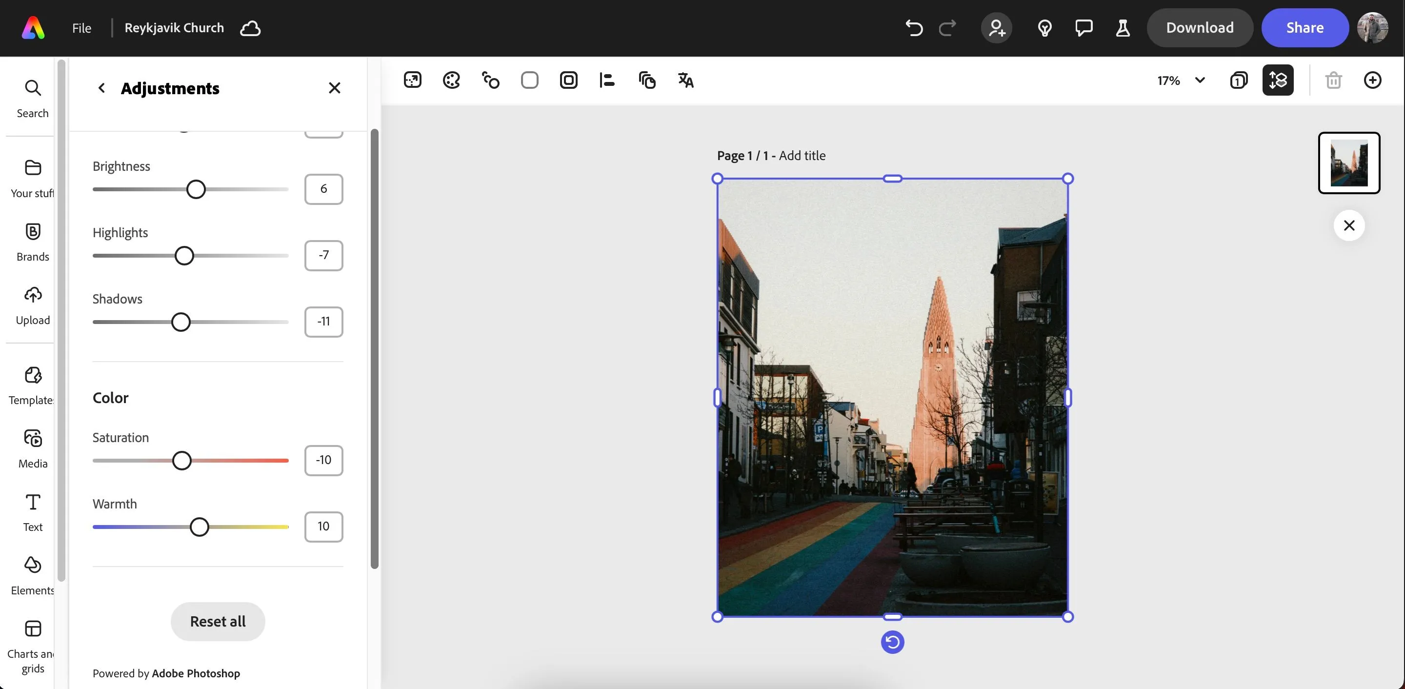 Màn hình ứng dụng Adobe Express với các tùy chọn chỉnh sửa ảnh cơ bản và công cụ thiết kế đồ họa.