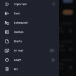 Màn hình ứng dụng Gmail trên điện thoại hiển thị thanh bên với tùy chọn Cài đặt được đánh dấu.
