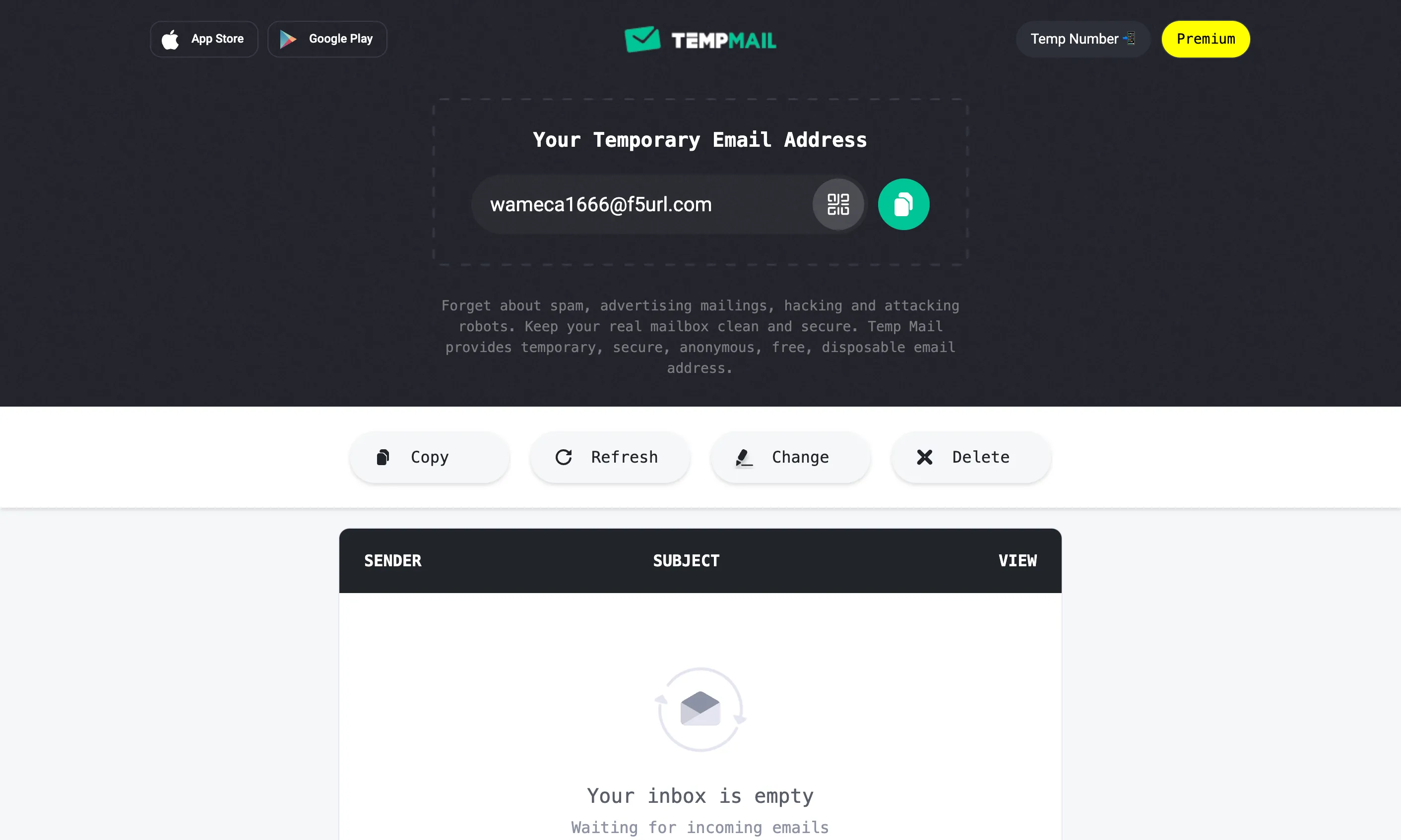 Màn hình ứng dụng Temp Mail hiển thị địa chỉ email tạm thời dùng một lần để bảo vệ hộp thư chính.
