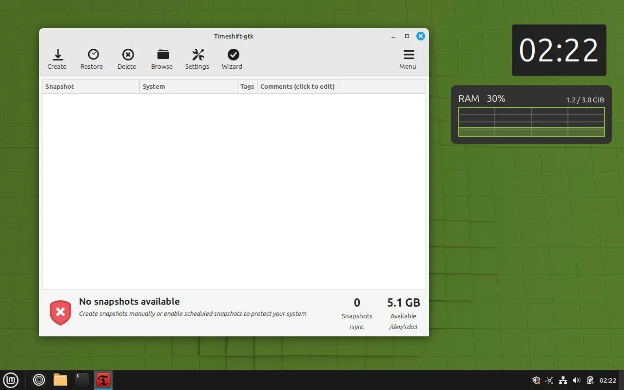 Màn hình ứng dụng Timeshift trên Linux Mint, hiển thị các tùy chọn sao lưu và khôi phục hệ thống