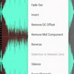 Màn hình ứng dụng WaveEditor trên Android với biểu đồ sóng âm thanh và tùy chọn chỉnh sửa fade in/out