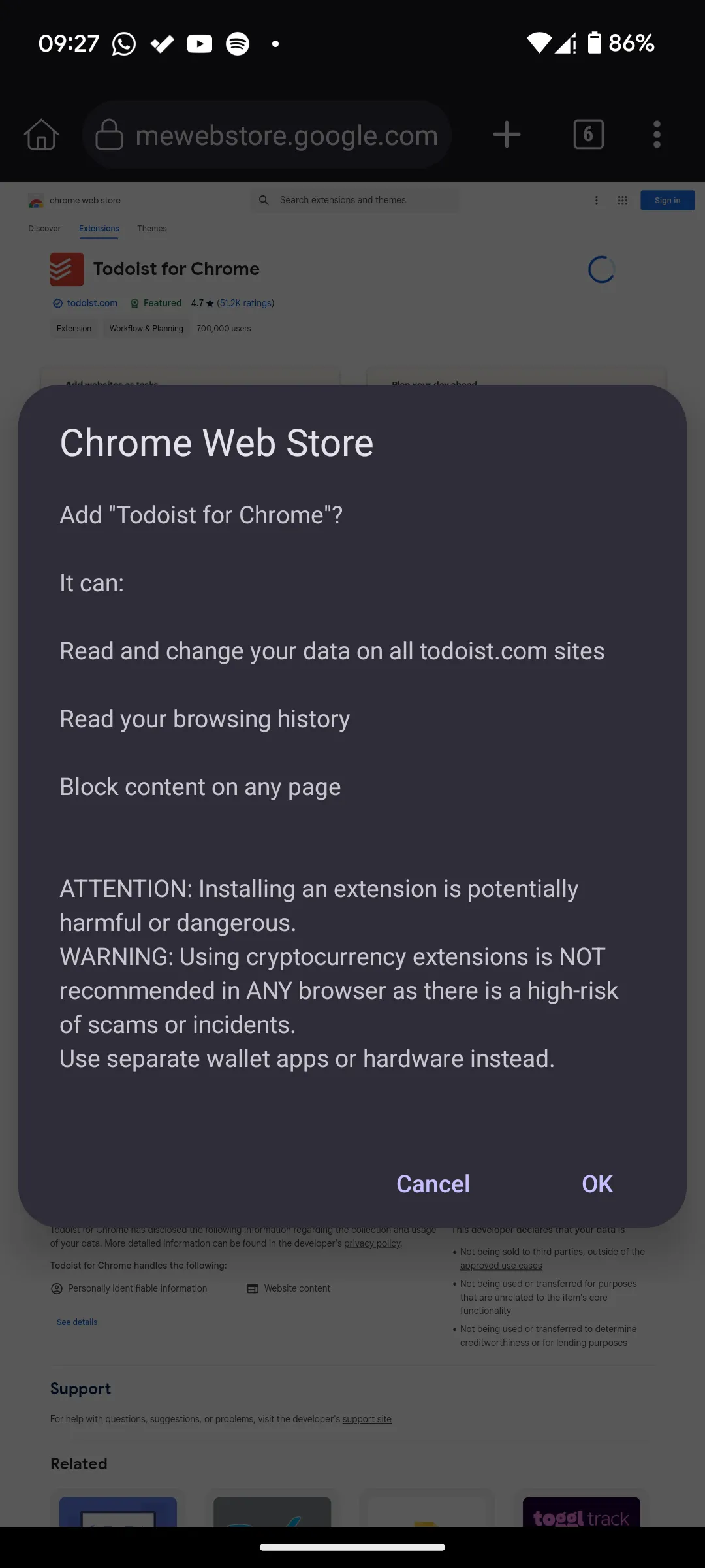 Màn hình xác nhận cài đặt tiện ích Todoist từ Chrome Web Store vào trình duyệt Kiwi Browser
