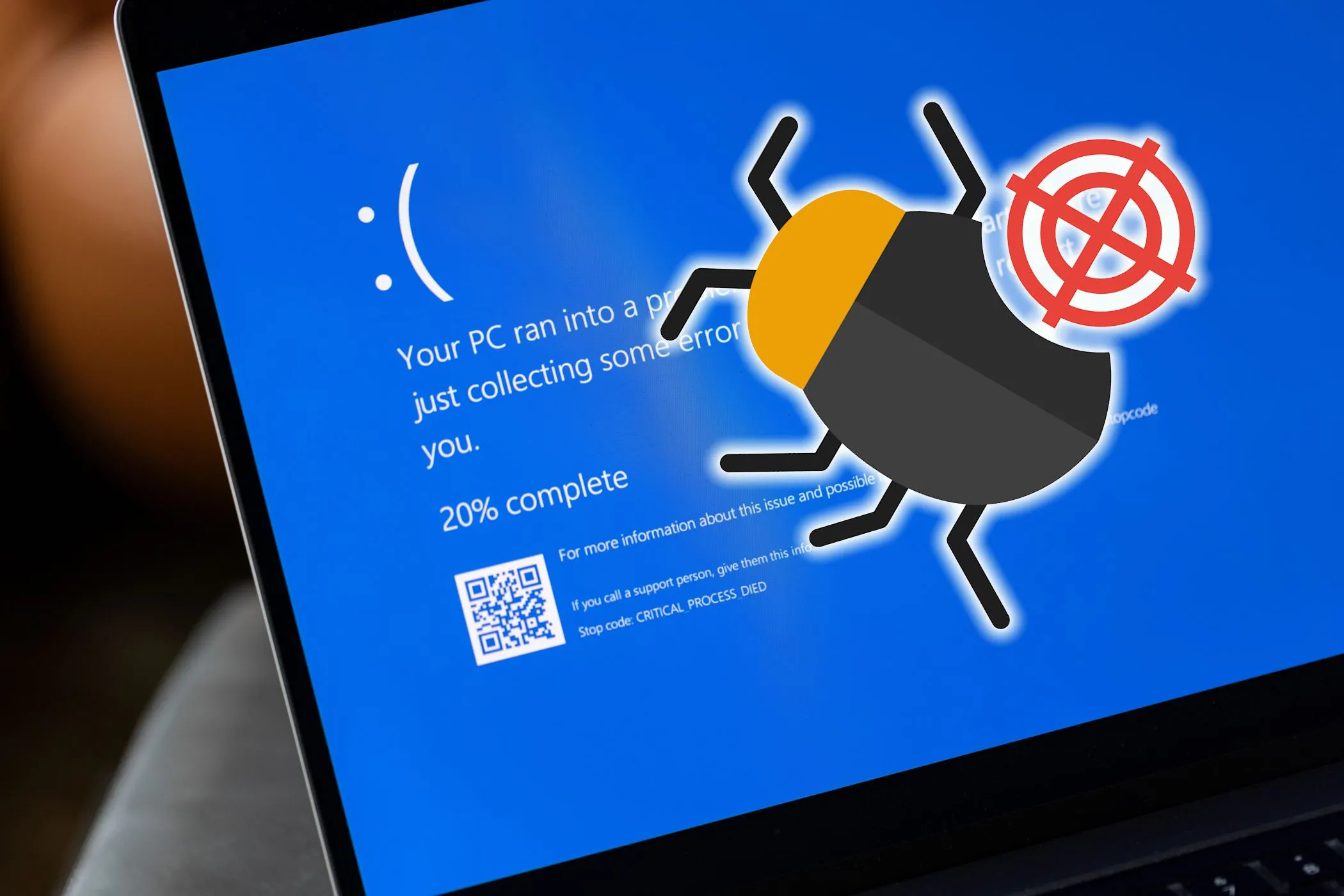 Màn hình xanh lỗi Windows với biểu tượng lỗi và bug.