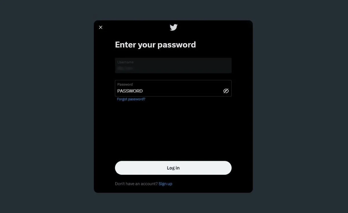 Mật khẩu yếu trên giao diện đăng nhập Twitter, minh họa cho việc tạo mật khẩu dễ đoán.