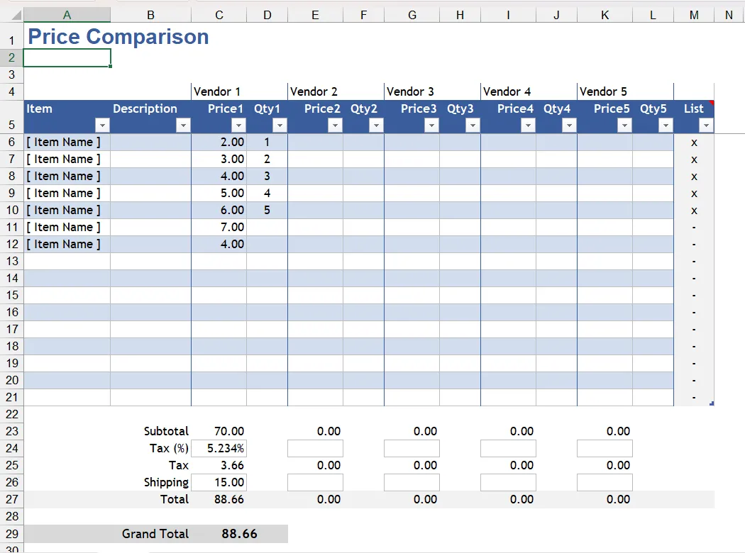 Mẫu Excel So sánh giá sản phẩm từ nhiều cửa hàng khác nhau