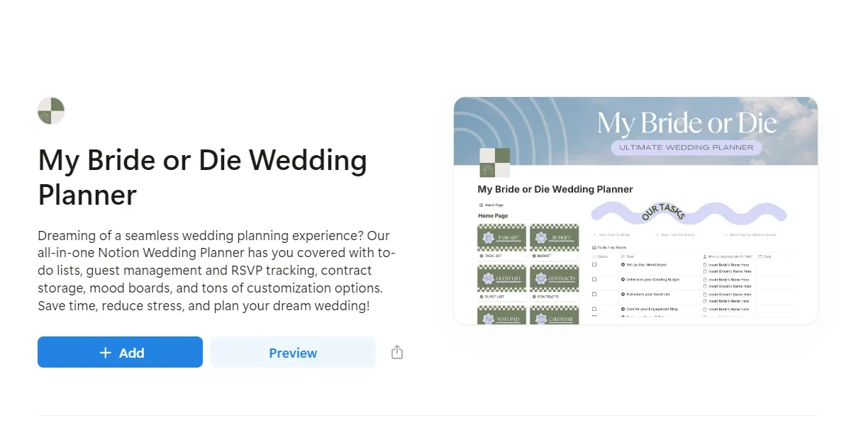 Mẫu template lập kế hoạch đám cưới trong Notion với các mục và trạng thái công việc.