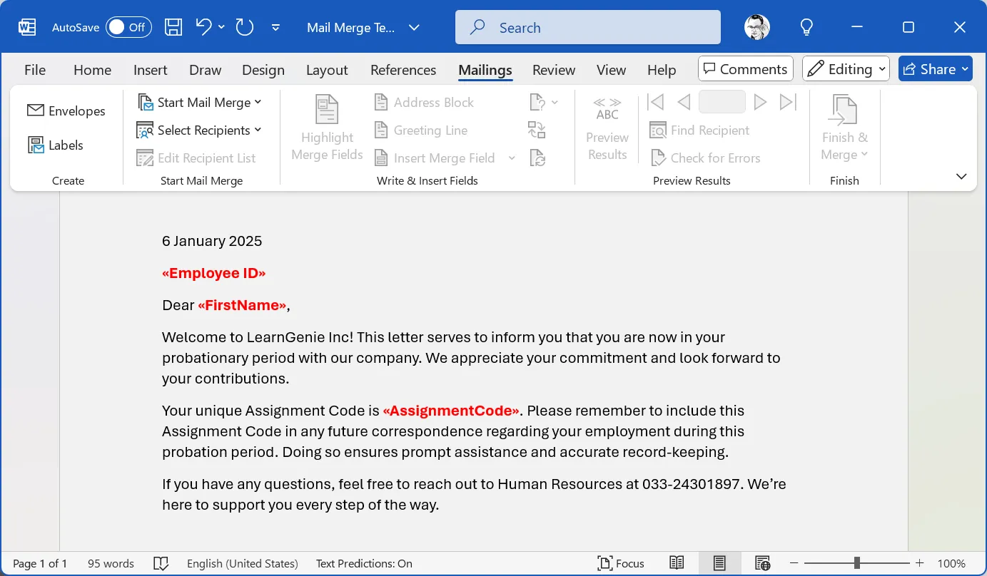 Mẫu thư Mail Merge với các trường dữ liệu cá nhân hóa trong Word