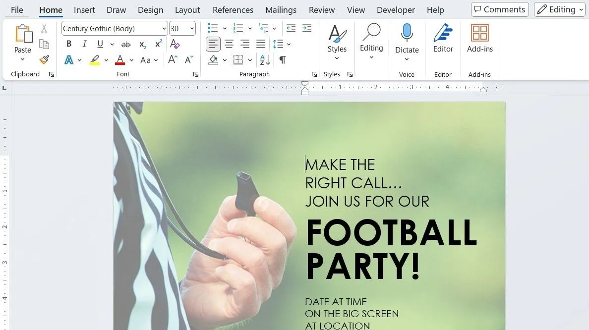 Mẫu tờ rơi quảng cáo tiệc bóng đá được thiết kế trong Microsoft Word, minh họa khả năng tạo ấn phẩm