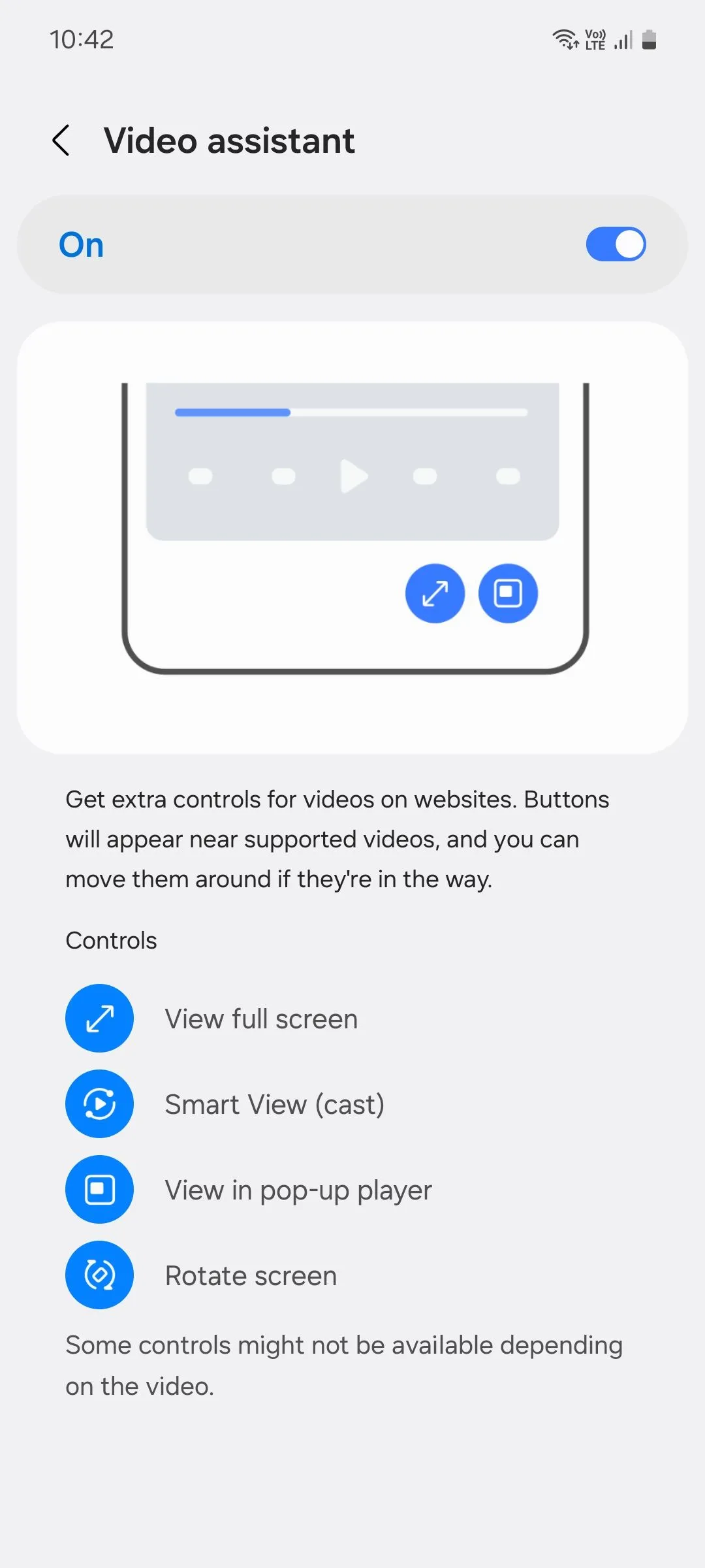 Menu bật lên của tính năng Trợ lý Video trên trình duyệt Samsung Internet