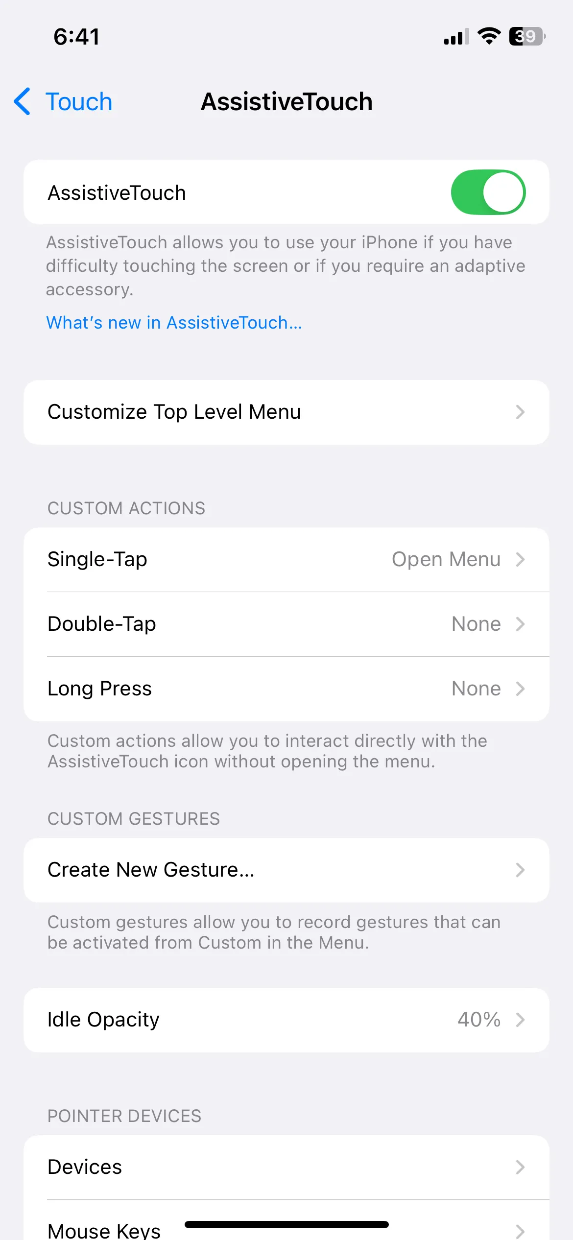 Menu cài đặt AssistiveTouch trên iPhone giúp kích hoạt nút ảo đa chức năng.